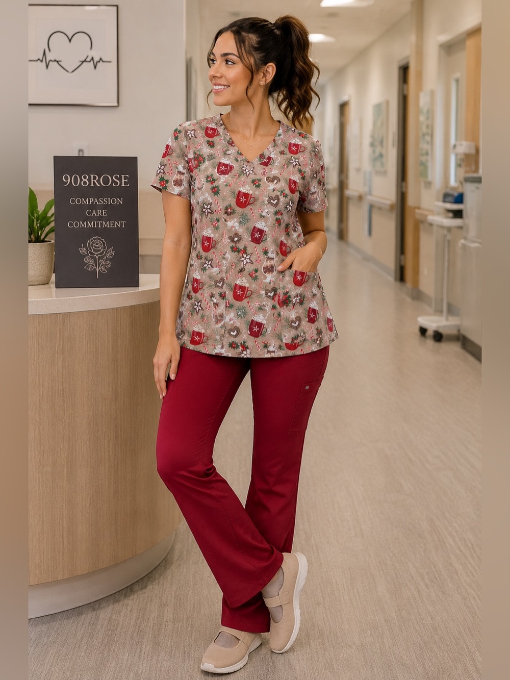NWT eliteMed Performance Holiday Hot Cocoa Christmas Scrub Top Size M
